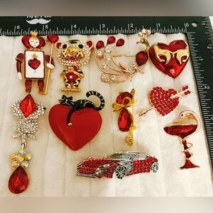 Lot 10 Red Rhinestone Brooches Pins Gold Tone Hearts Animals Enamel Jewelry Set
